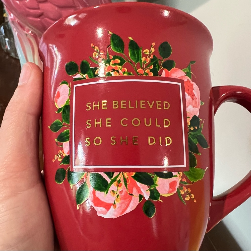 She Believed She Could So She Did CoffeeTea Mug red gold floral Nanette Lepore